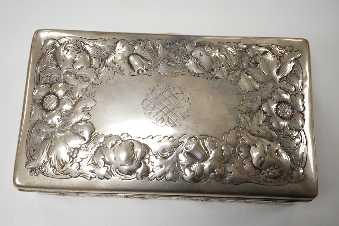 A Norwegian embossed 830 standard white metal mounted rectangular cigarette box, by J. Tostrup, 23.1cm.
